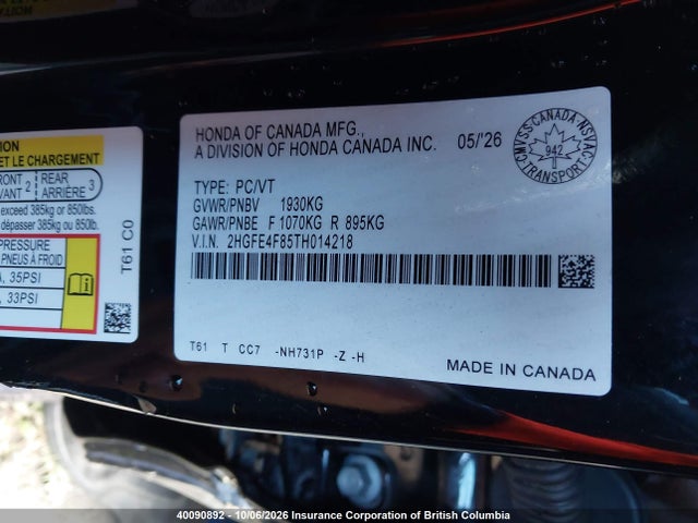 40090892 :رقم المزاد ، 2HGFE4F85TH014218 vin ، 2026 Honda Civic مزاد بيع