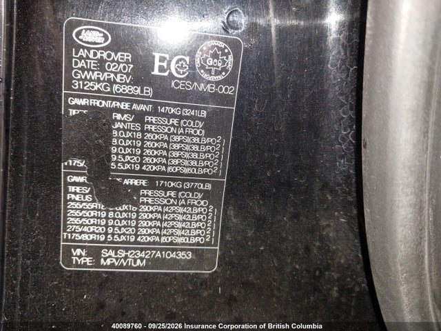 Продаж на аукціоні авто 2007 Land Rover Range Rover Sport Supercharged, vin: SALSH23427A104353, номер лоту: 40089760