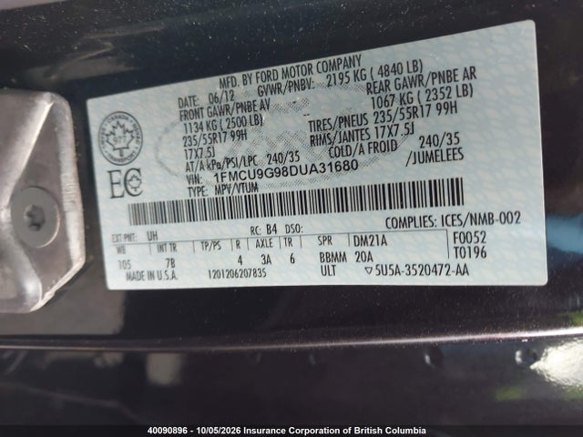 Продажа на аукционе авто 2013 Ford Escape Se, vin: 1FMCU9G98DUA31680, номер лота: 40090896