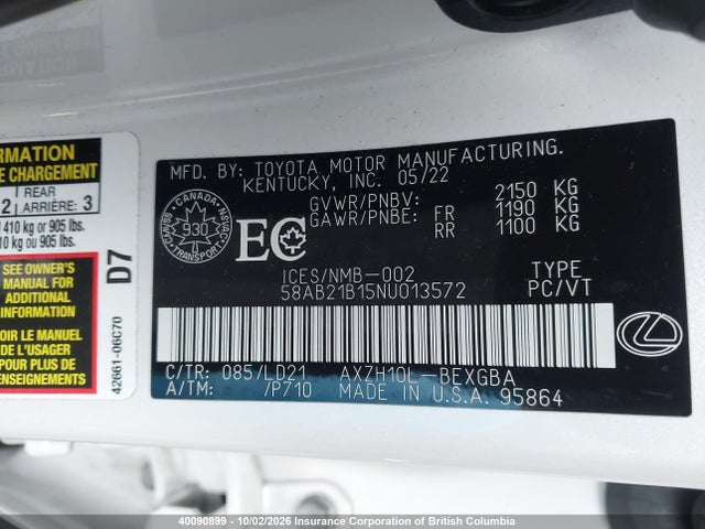 Продажа на аукционе авто 2022 Lexus Es 300h 300h, vin: 58AB21B15NU013572, номер лота: 40090899