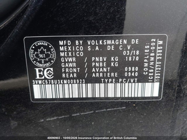 40090903 :رقم المزاد ، 3VWC57BU3KM008923 vin ، 2019 Volkswagen Jetta مزاد بيع