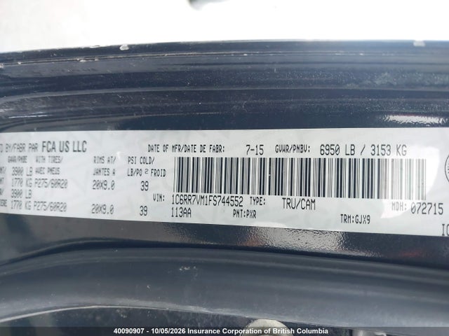 2015 Ram 1500 Laramie მანქანა იყიდება აუქციონზე, vin: 1C6RR7VM1FS744552, აუქციონის ნომერი: 40090907