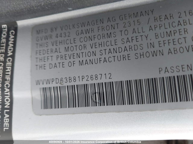2001 Volkswagen Passat Gls მანქანა იყიდება აუქციონზე, vin: WVWPD63B81P268712, აუქციონის ნომერი: 40090909
