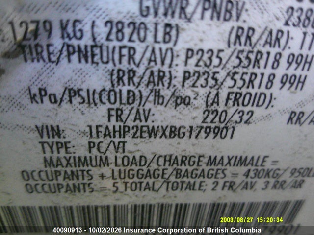 Aukcja sprzedaży 2011 Ford Taurus Sel, vin: 1FAHP2EWXBG179901, numer aukcji: 40090913