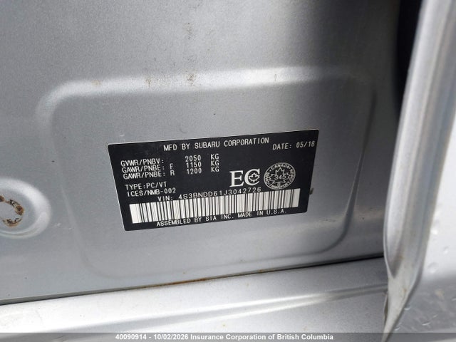 2018 Subaru Legacy Touring მანქანა იყიდება აუქციონზე, vin: 4S3BNDD61J3042726, აუქციონის ნომერი: 40090914