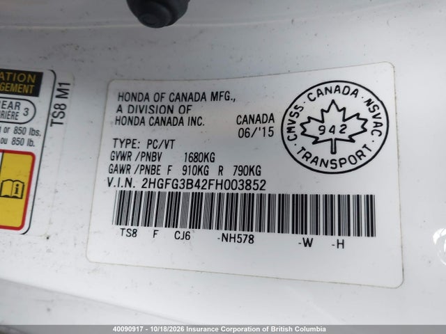 Honda Civic 2015 2HGFG3B42FH003852 Image 9