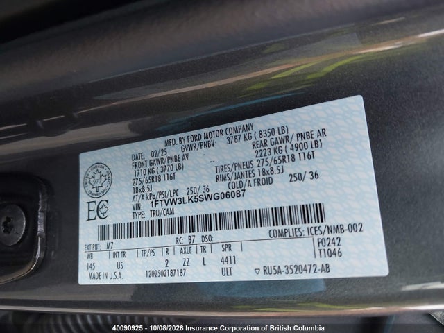 40090925 :رقم المزاد ، 1FTVW3LK5SWG06087 vin ، 2025 Ford F150 مزاد بيع