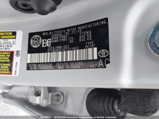 2019 Toyota Corolla L/le/xle/se/xse მანქანა იყიდება აუქციონზე, vin: 2T1BURHE7KC221993, აუქციონის ნომერი: 40090931