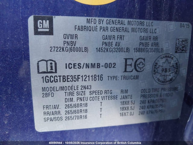 Aukcja sprzedaży 2015 Chevrolet Colorado Lt, vin: 1GCGTBE35F1211816, numer aukcji: 40090944
