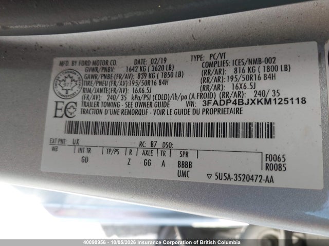 40090956 :رقم المزاد ، 3FADP4BJXKM125118 vin ، 2019 Ford Fiesta Se مزاد بيع