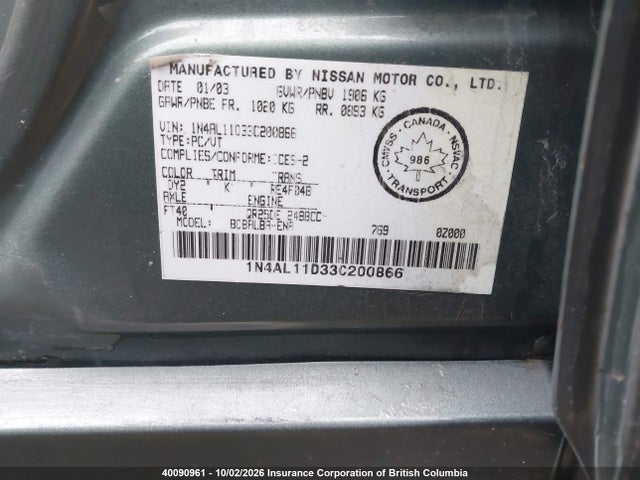 40090961 :رقم المزاد ، 1N4AL11D33C200866 vin ، 2003 Nissan Altima S/sl مزاد بيع
