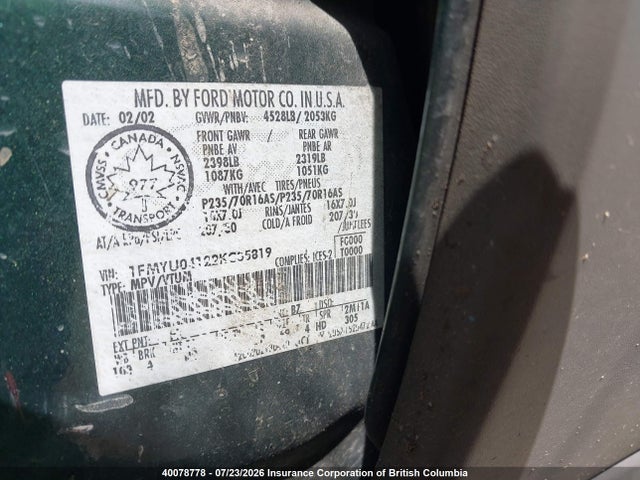 40078778 :رقم المزاد ، 1FMYU04122KC35819 vin ، 2002 Ford Escape Xlt مزاد بيع