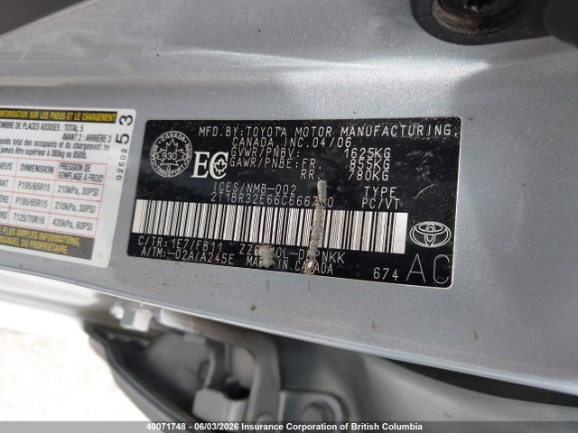 Продаж на аукціоні авто 2006 Toyota Corolla Ce/le/s, vin: 2T1BR32E66C666710, номер лоту: 40071748