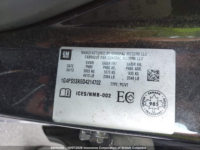 40090998 :رقم المزاد ، 1G4PS5SK6D4214702 vin ، 2013 Buick Verano مزاد بيع