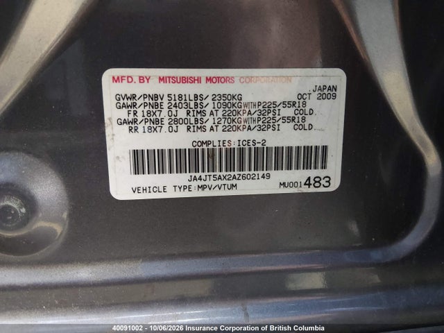 40091002 :رقم المزاد ، JA4JT5AX2AZ602149 vin ، 2010 Mitsubishi Outlander Gt مزاد بيع