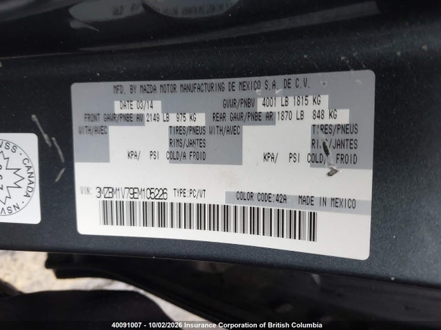 2014 Mazda 3 Touring მანქანა იყიდება აუქციონზე, vin: 3MZBM1V79EM105226, აუქციონის ნომერი: 40091007