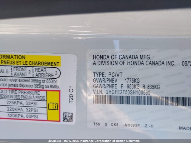 Aukcja sprzedaży 2025 Honda Civic Sport, vin: 2HGFE2F53SH100569, numer aukcji: 40088045