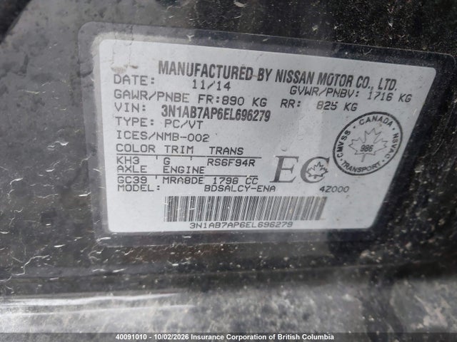 Aukcja sprzedaży 2014 Nissan Sentra 1.8 S/1.8 Sl/1.8 Sr/1.8 Sv, vin: 3N1AB7AP6EL696279, numer aukcji: 40091010