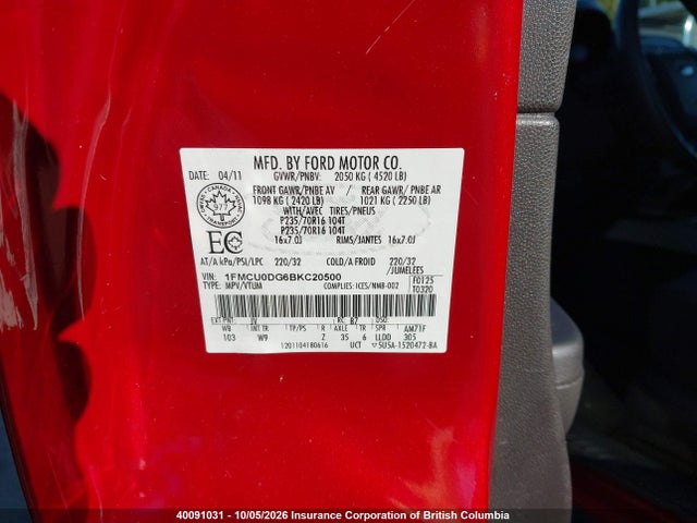 Продажа на аукционе авто 2011 Ford Escape Xlt, vin: 1FMCU0DG6BKC20500, номер лота: 40091031