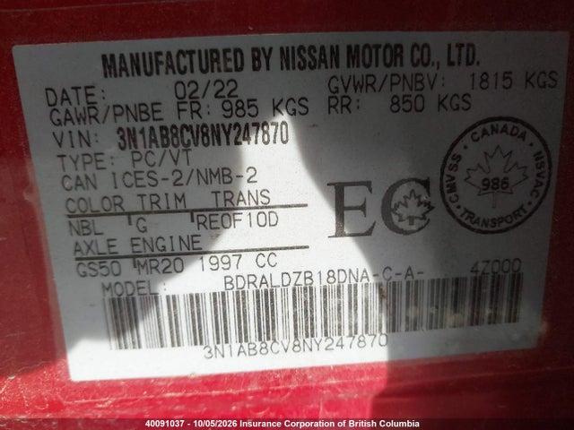 Aukcja sprzedaży 2022 Nissan Sentra Sv, vin: 3N1AB8CV8NY247870, numer aukcji: 40091037