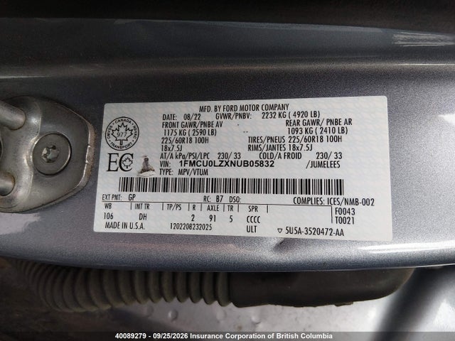 Продажа на аукционе авто 2022 Ford Escape Titanium, vin: 1FMCU0LZXNUB05832, номер лота: 40089279