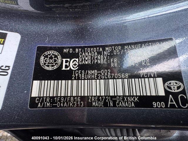 Продаж на аукціоні авто 2016 Toyota Corolla L/le/le Pls/prm/s/s Pls, vin: 2T1BURHE2GC670568, номер лоту: 40091043