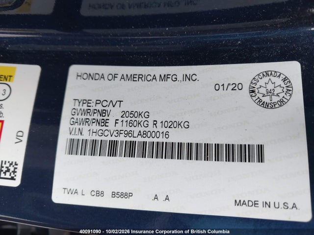 Aukcja sprzedaży 2020 Honda Accord Touring Hybrid, vin: 1HGCV3F96LA800016, numer aukcji: 40091090