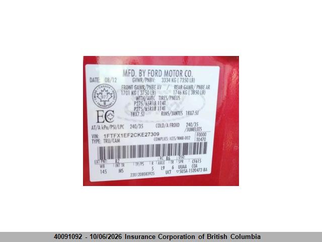 40091092 :رقم المزاد ، 1FTFX1EF2CKE27309 vin ، 2012 Ford F150 مزاد بيع