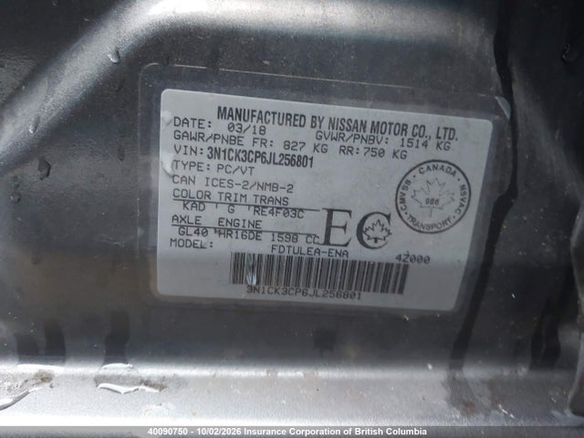 Auction sale of the 2018 Nissan Micra S/sr/sv, vin: 3N1CK3CP6JL256801, lot number: 40090750
