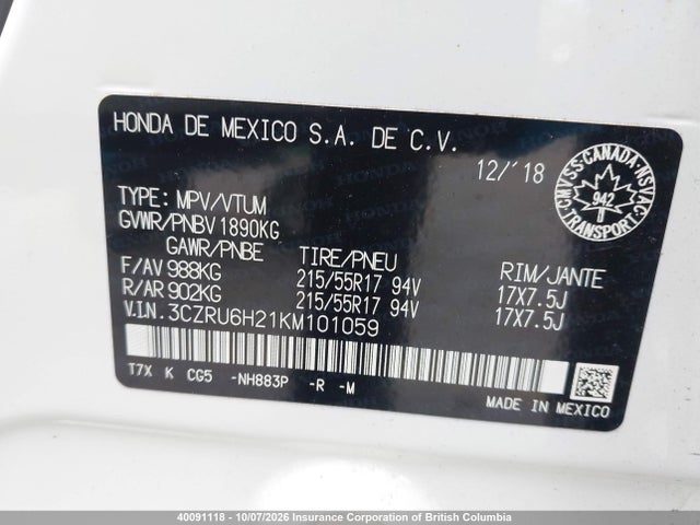 Aukcja sprzedaży 2019 Honda Hr-v, vin: 3CZRU6H21KM101059, numer aukcji: 40091118