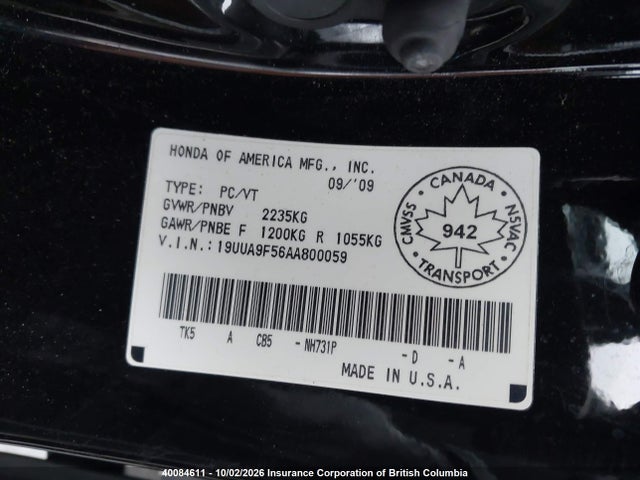 40084611 :رقم المزاد ، 19UUA9F56AA800059 vin ، 2010 Acura Tl مزاد بيع