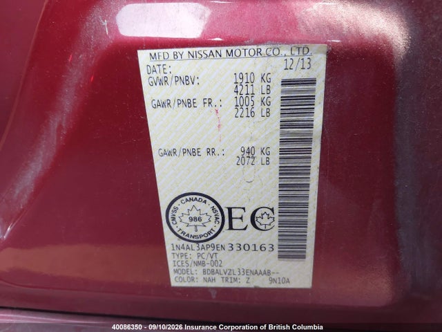 Продажа на аукционе авто 2014 Nissan Altima 2.5/s/sv/sl, vin: 1N4AL3AP9EN330163, номер лота: 40086350