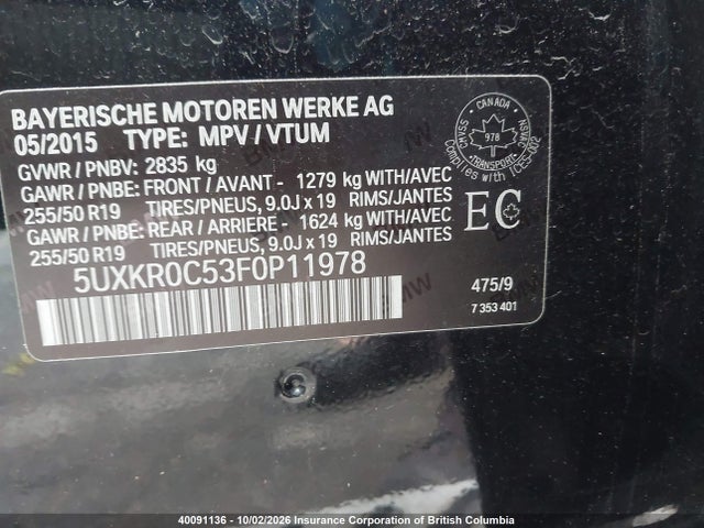 40091136 :رقم المزاد ، 5UXKR0C53F0P11978 vin ، 2015 Bmw X5 مزاد بيع