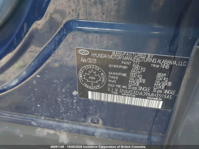 2021 Hyundai Santa Fe Sel მანქანა იყიდება აუქციონზე, vin: 5NMS3DAJ9MH359545, აუქციონის ნომერი: 40091149