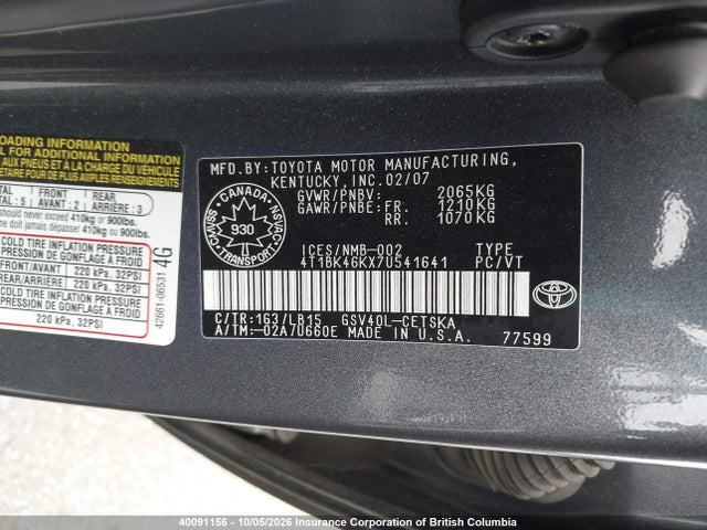 40091156 :رقم المزاد ، 4T1BK46KX7U541641 vin ، 2007 Toyota Camry مزاد بيع