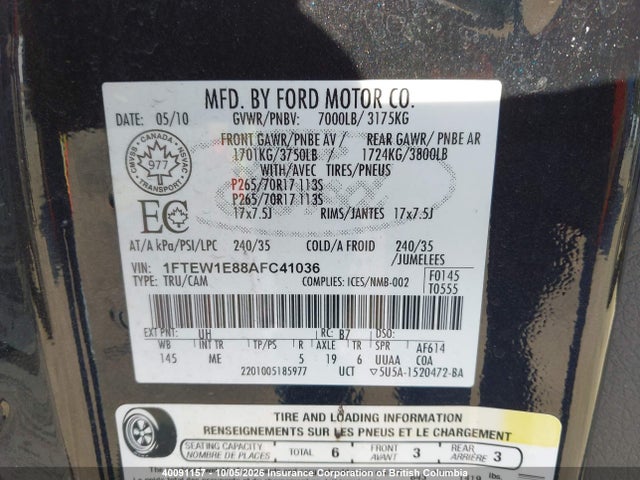 Aukcja sprzedaży 2010 Ford F150, vin: 1FTEW1E88AFC41036, numer aukcji: 40091157