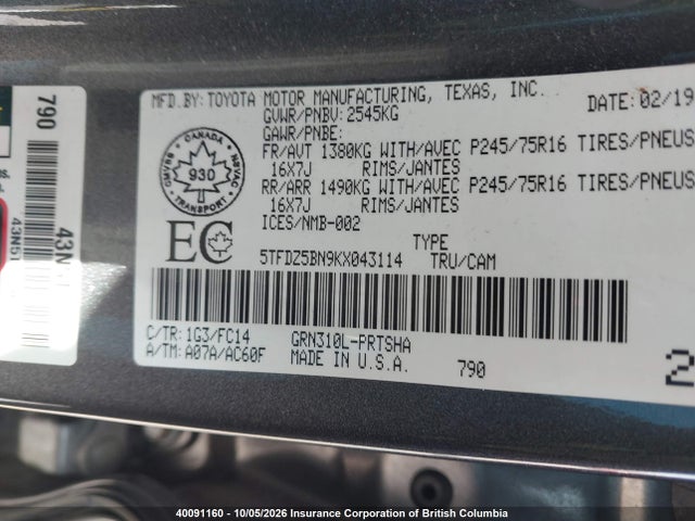 40091160 :رقم المزاد ، 5TFDZ5BN9KX043114 vin ، 2019 Toyota Tacoma Double Cab/sr5/trd Sport/trd Off Road مزاد بيع