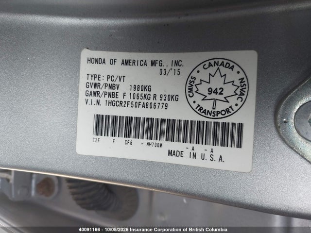 40091166 :رقم المزاد ، 1HGCR2F50FA806779 vin ، 2015 Honda Accord Sport مزاد بيع