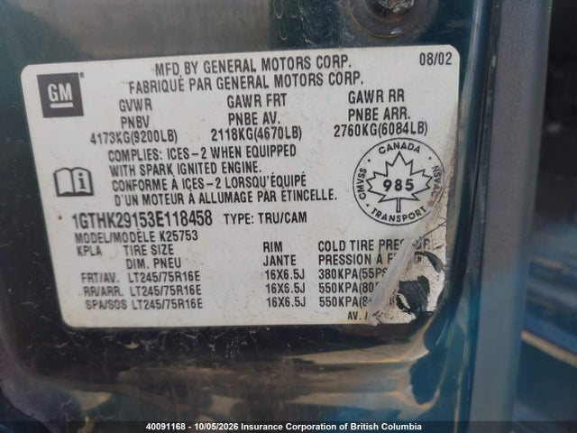 40091168 :رقم المزاد ، 1GTHK29153E118458 vin ، 2003 Gmc Sierra K2500 Heavy Duty مزاد بيع