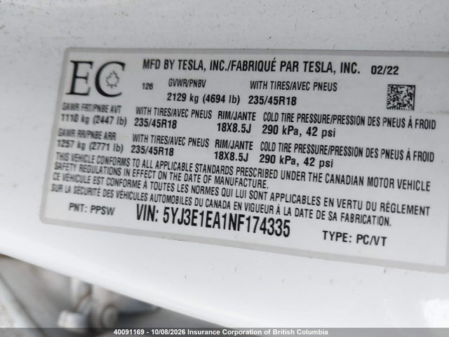 Tesla MODEL 3 2022 5YJ3E1EA1NF174335 Image 9
