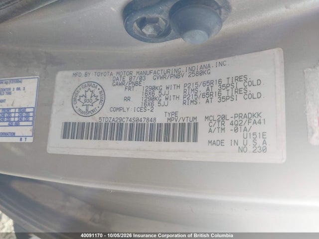 Aukcja sprzedaży 2004 Toyota Sienna Ce, vin: 5TDZA29C74S047848, numer aukcji: 40091170