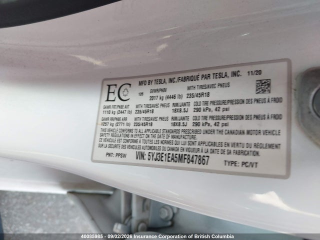 40085985 :رقم المزاد ، 5YJ3E1EA5MF847867 vin ، 2021 Tesla Model 3 Standard Range/standard Range Plus مزاد بيع
