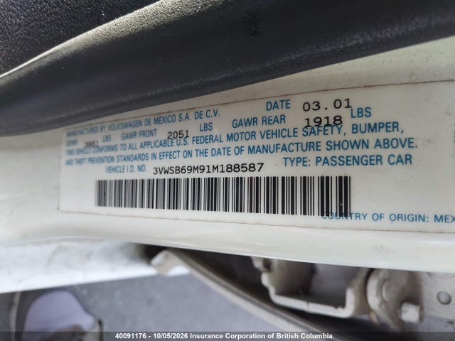 Aukcja sprzedaży 2001 Volkswagen Jetta, vin: 3VWSB69M91M188587, numer aukcji: 40091176