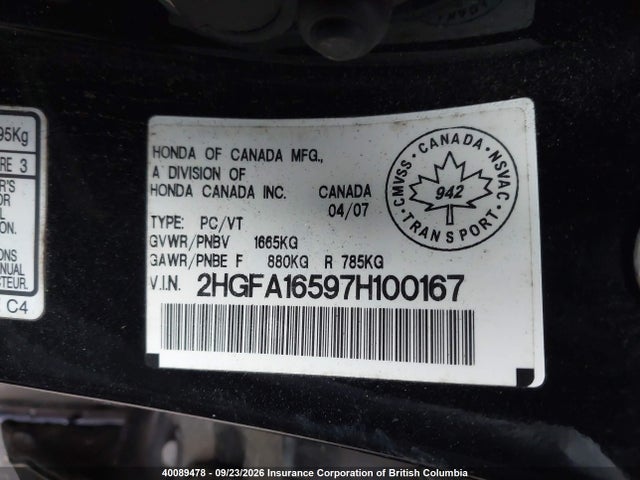 Продаж на аукціоні авто 2007 Honda Civic Lx, vin: 2HGFA16597H100167, номер лоту: 40089478