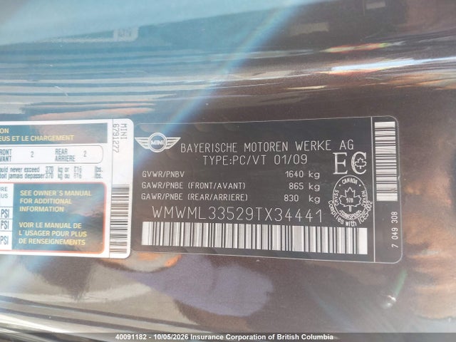 Продаж на аукціоні авто 2009 Mini Cooper Clubman, vin: WMWML33529TX34441, номер лоту: 40091182