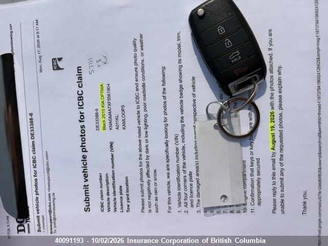 Продаж на аукціоні авто 2015 Kia Optima Lx, vin: KNAGM4A7XF5561904, номер лоту: 40091193