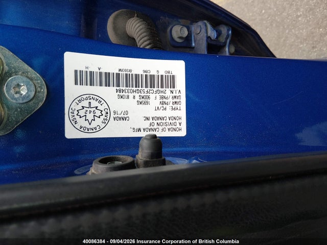 2016 Honda Civic Lx მანქანა იყიდება აუქციონზე, vin: 2HGFC2F53GH033484, აუქციონის ნომერი: 40086384