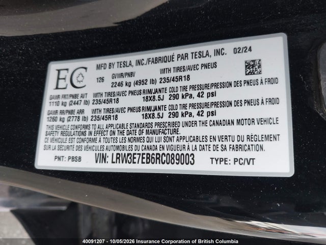 LRW3E7EB6RC089003 Tesla MODEL 3