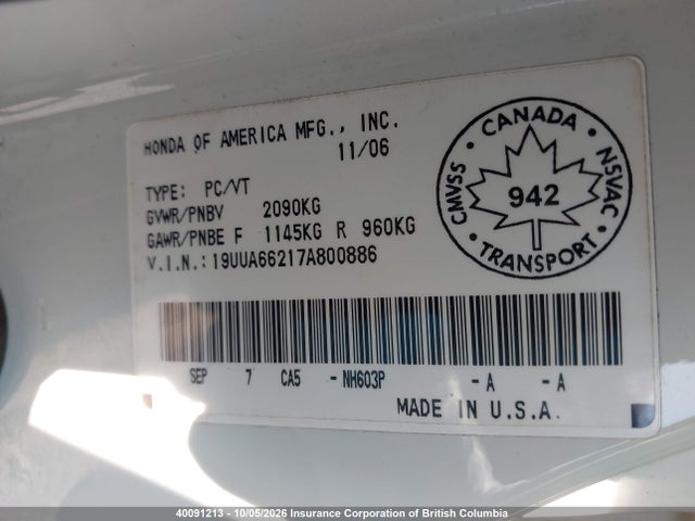 40091213 :رقم المزاد ، 19UUA66217A800886 vin ، 2007 Acura Tl مزاد بيع