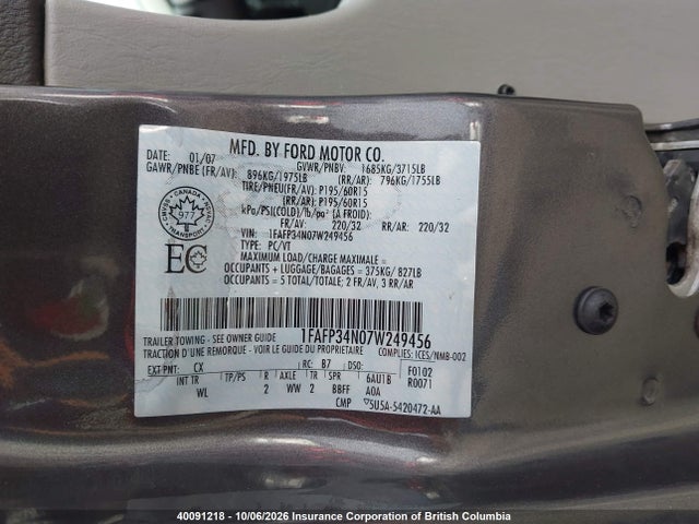Aukcja sprzedaży 2007 Ford Focus, vin: 1FAFP34N07W249456, numer aukcji: 40091218